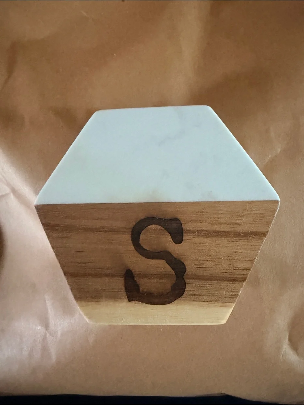 Hexagon Marble & Wood Coaster with 'S' Monogram - White and Natural Wood